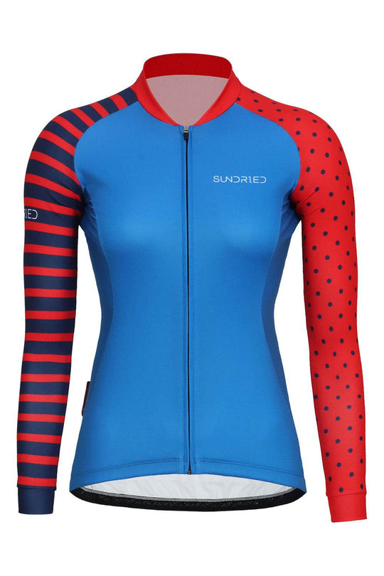 Sundried Spots and Stripes Women's Long Sleeve Cycle Jersey Long Sleeve Jersey XS Blue SD0482 XS BlueStripe Activewear